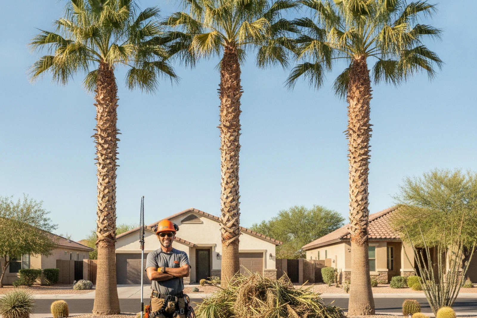 Tree service Carlos reviewing completed palm trimming Avondale Arizona Maricopa County West Valley HOA residential route