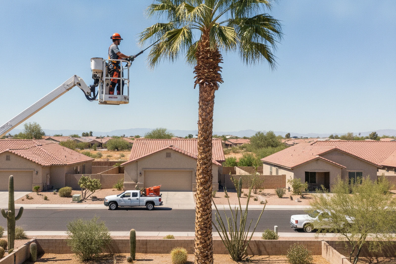 Tree service professional trimming Mexican fan palm Avondale Arizona Maricopa County West Valley Sonoran Desert Carlos HOA