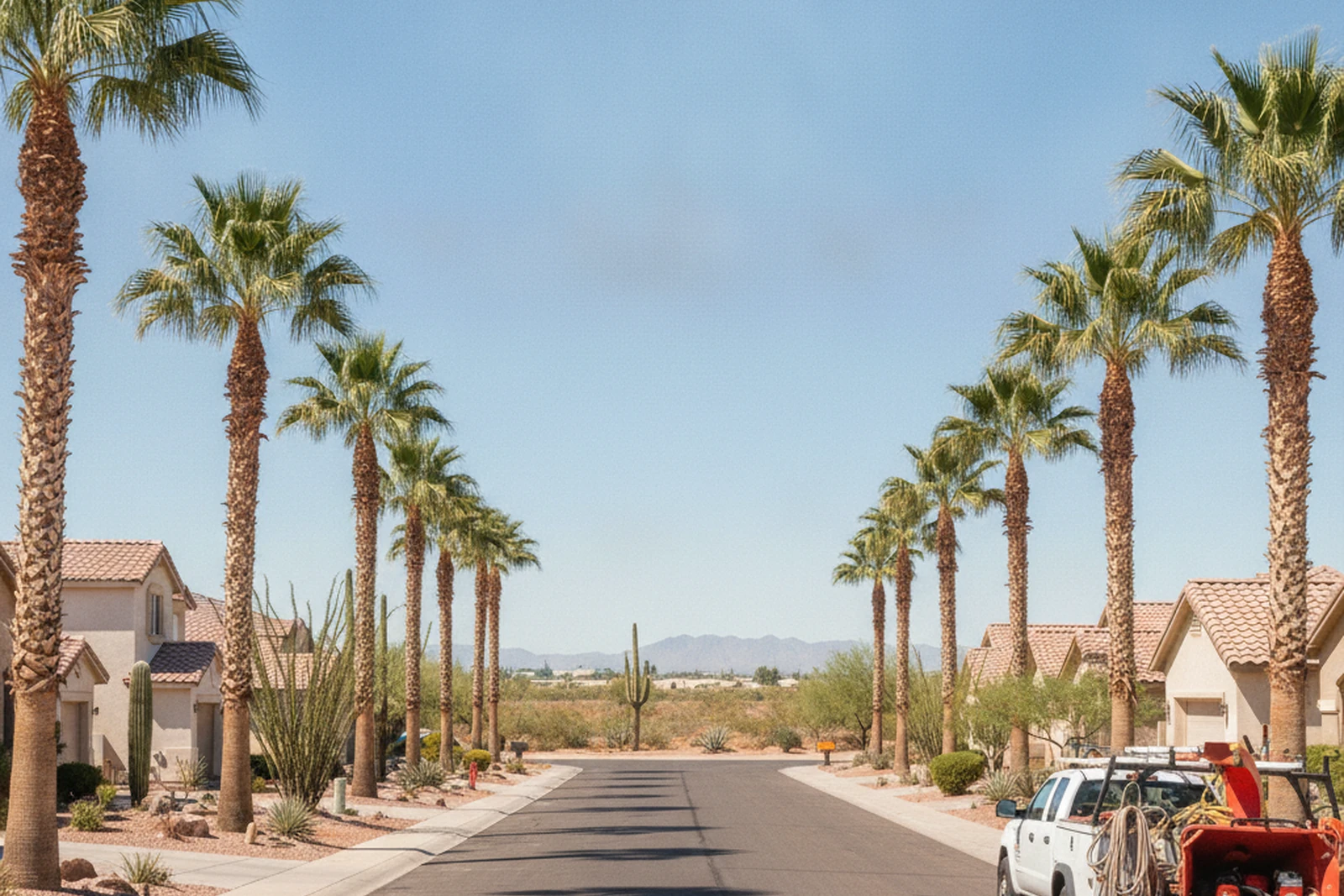 Goodyear Arizona West Valley subdivision with palm-lined residential street and desert landscaping